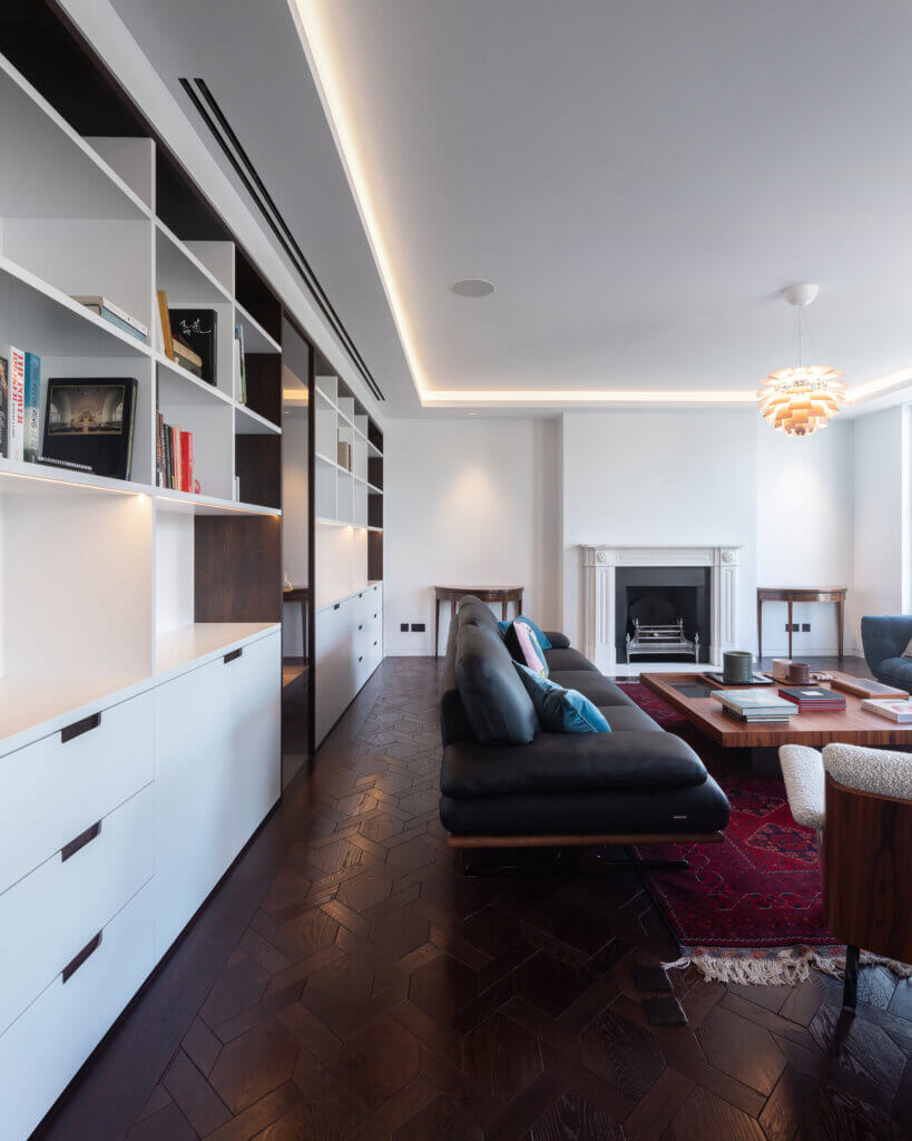 Twin slot diffusers in a coffered ceiling detail in a luxury lateral apartment overlooking Regent's Park